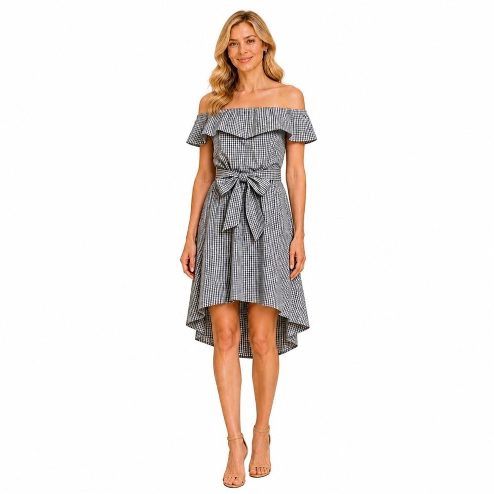 Saks Fifth Avenue Gingham Off-Shoulder Hi-Low Dress Tie Waist Black White M